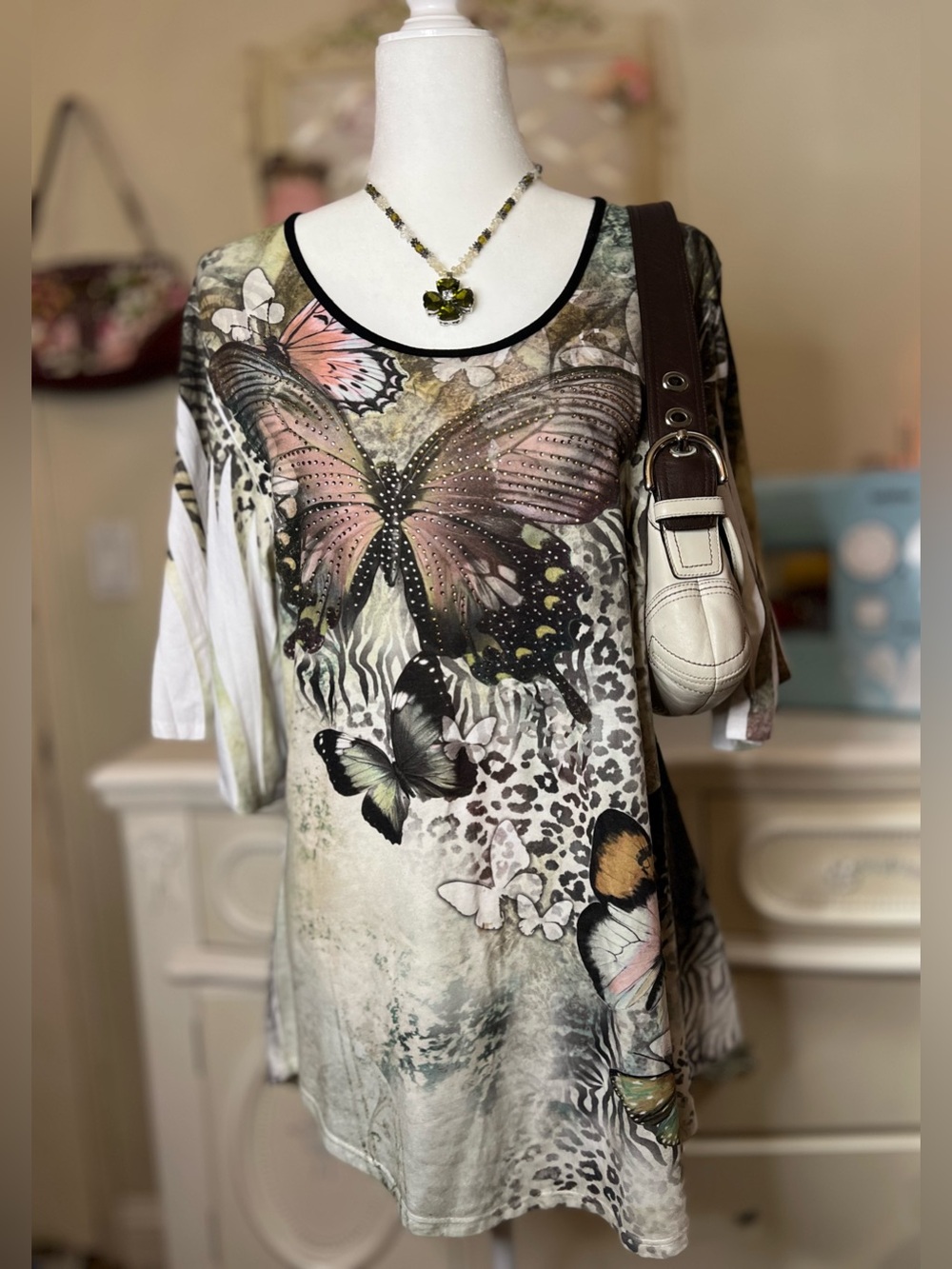 Y2k Vintage Women's Butterfly Scoop Neck Top - Multi Pink & Cream